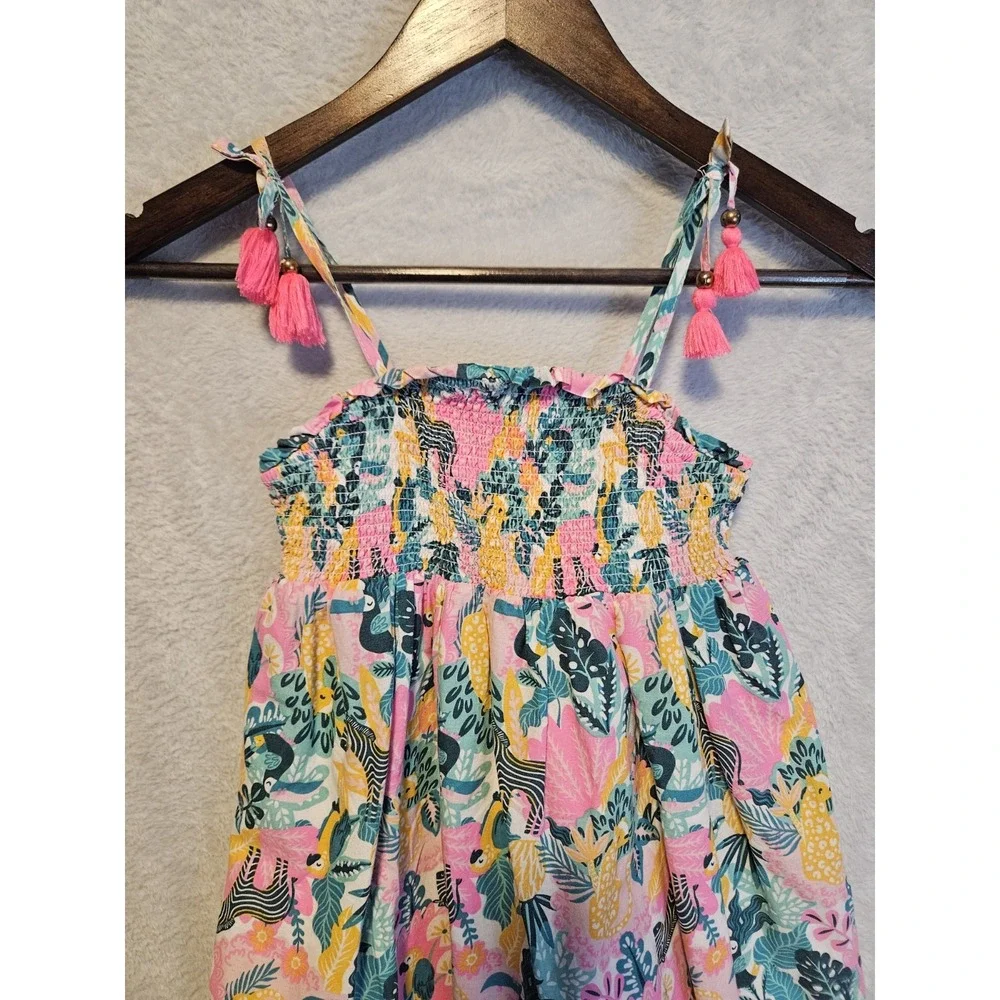 Tommy Bahama Floral Babydoll Sun Dress Tropical Print Girls Size 5 Zebra Tassels